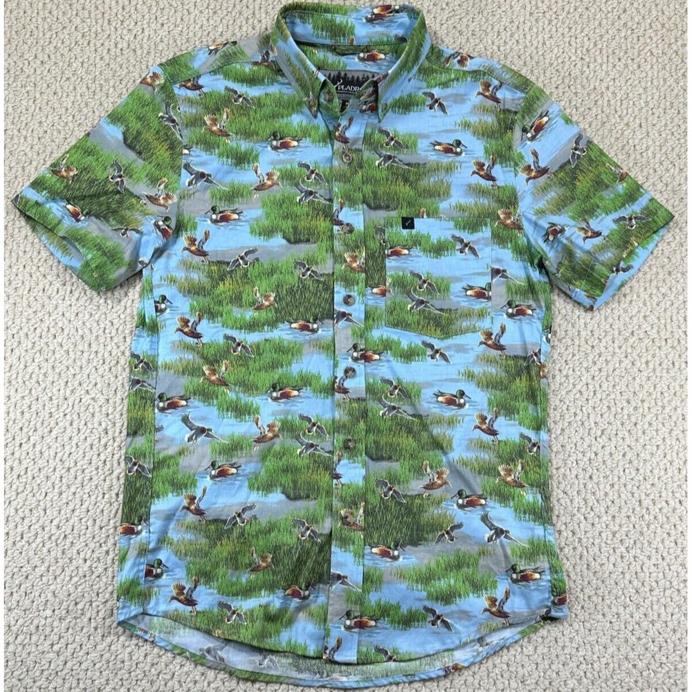 Pladra Shirt Mens M Blue Waterfowl Duck All Over Print Short Sleeve Button Down